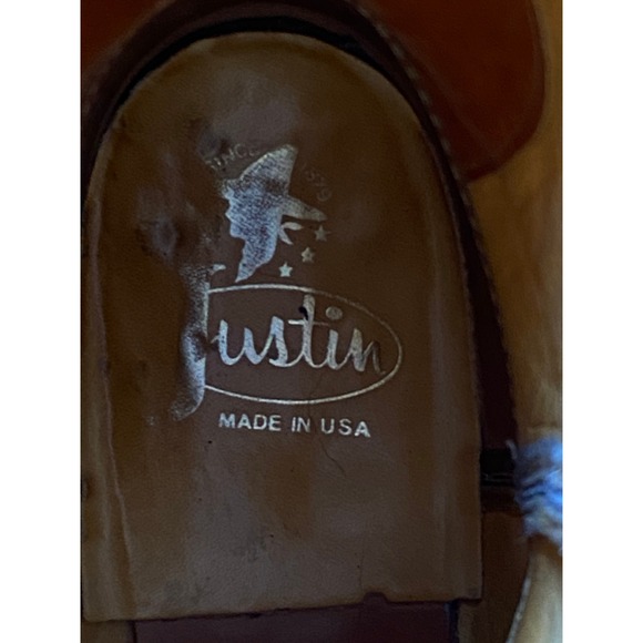 VTG Justin Tan Leather Western Cowboy Boots Pointed Toe Stacked Womens Heel  8 - Picture 12 of 12